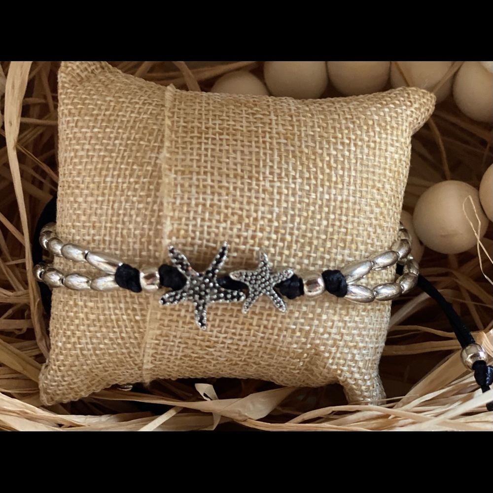 Black double strand silver starfish anklet ankle bracelet summer jewelry